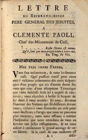 Lettre écrite de Rome par le révérendissime père général des Jésuites, à Clemente Paoli, chef des mécontens de Corse : Réponse de Clemente Paoli, et apothéose du père Malagrida Jésuite, un des conspirateurs de Portugal ; Poème, par il Signor Jean-Luc Poggi, ...