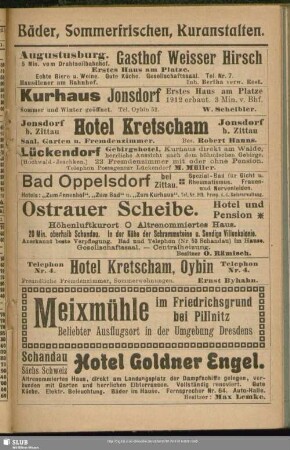 Anzeigen Bäder, Sommerfrischen, Kuranstalten, Hotels, Pensionen, Restaurationen etc.