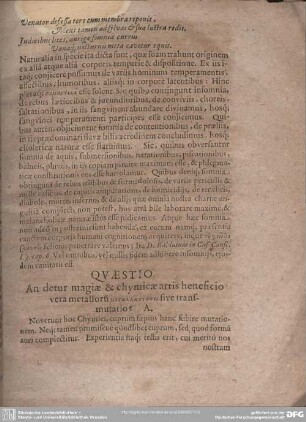 Quaestio. An detur magiae et chymicae artis henesicio vers metallorum ... sive transmutatio?
