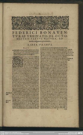 Federici Bonaventurae Urbinatis De Octomestris Partus Natura, Adversus vulgatam opinionem, Liber Primus