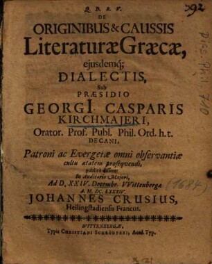 De Originibus & Caussis Literaturae Graecae, ejusdemq[ue] Dialectis