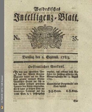 No. 35, Dienstag den 2. Septemb. 1783