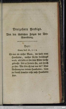 Dreizehnte Predigt. Von den schädlichen Folgen der Verschwendung