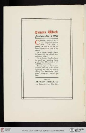 Alfred Stieglitz [Camera Work Numbers One & Two, announcement]