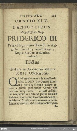 Oratio XLV. Panegyricus Augustissimo Regi Friderico III