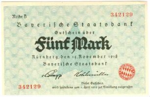 Geldschein / Notgeld, 5 Mark, 15.11.1918?