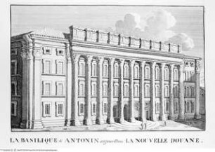 Les restes de l'ancienne Rome, recherchez avec soin, mesurez, dessinez sur les lieux, et gravez par feu Bonaventure d'Overbeke, ..., 1. Buch, Tafel a. 41.: La Basilique d'Antonin aujourd'hui la Nouvelle Douane.