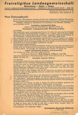 Aufruf zur Wiedergründung der Freireligiösen Gemeinde, unterzeichnet von Heinrich Sauer