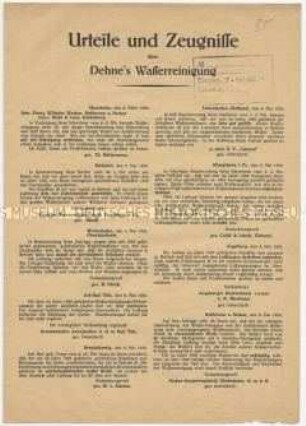 Urteile und Zeugnisse über Wasserreinigung mittels der Dehnschen Anlagen