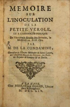 Mémoire sur l'inoculation de la petite vérole