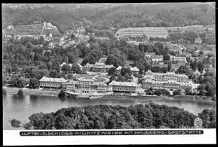 Dresden, Schloss Pillnitz an der Elbe, mit Hausberg-Gaststätte, Luftbild