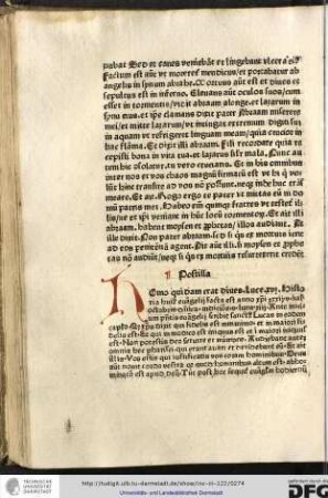 Postilla. Homo quidam... Ante initium presentis evangelii scribit sanctus Lucas in eodem capitulo quod Christus dixit qui fidelis est...