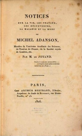 Notices sur la vie ... de Michel Adamson