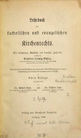 Lehrbuch des katholischen und evangelischen Kirchenrechts : mit besonderer Rücksicht auf deutsche Zustände, 2