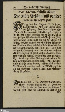 Das XLVIII. Hülffs-Mittel. Die rechte Erkänntniß von der wahren Glückseeligkeit