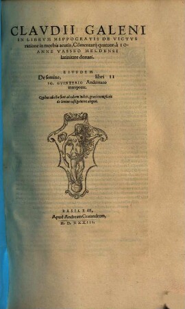 Claudii Galeni In librum Hippocratis de victus ratione in morbis acutis : commentarii quatuor