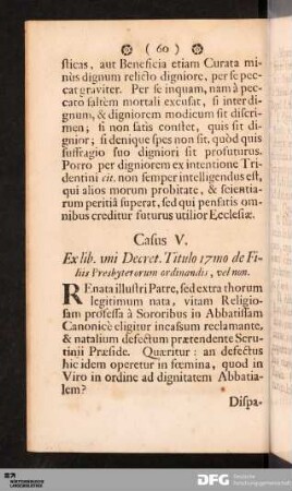 Casus V. Ex lib. 1mi Decret. Titulo 17mo de Filiis Presbyterorum ordinandis, vel non.