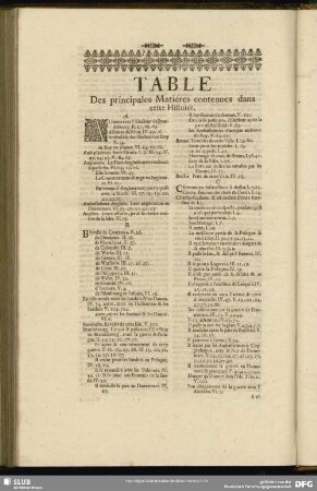 Tabel Des principales Matiéres contenues dans cette Histoire