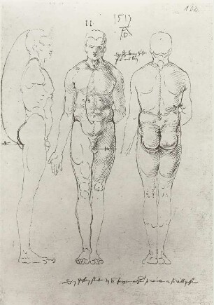 Männer von vorn, seitlich und hinten : Dresdner Skizzenbuch (1507/1528). Männer von vorn, seitlich und hinten (bez. und dat. 1513, aus: R. Bruck: Das Skizzenbuch von Albrecht Dürer, Straßburg 1905, Tafel 15, Blatt 102r, Str. 66, Kriegsverlust). Dresden: SLUB Mscr.Dresd.R.147.f