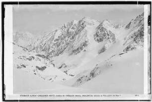 Stubaier Alpen. Dresdner Hütte (2308 Meter) mit Trögler (2901 Meter), Peilspitze (2823 Meter) und Peiljoch (2678 Meter)