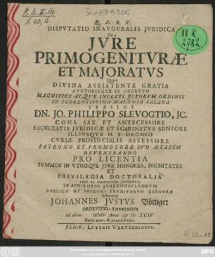 Disputatio Inauguralis Iuridica De Iure Primogeniturae Et Maioratus