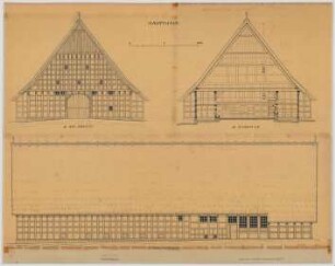 Niederdornberg (Kreis Bielefeld): Hof Meier zur Müdehorst. Haupthaus (Ostansicht, Nordansicht, Querschnitt)