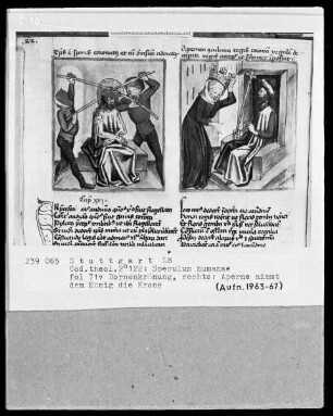 Zwei Schriften — Speculum humanae salvationis — Textseite mit zwei Miniaturen, Folio 71verso