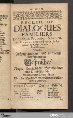 Recueil De Dialogues Familiers, De quelques Proverbes & Sentences Françoises, avec des Phrases...