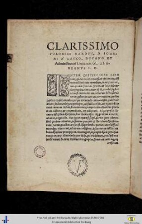 Clarissimo Poloniae Baroni, D. Ioanni A Lasko…