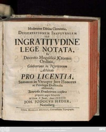 Moderante Divina Clementia, Dissertationem Inavgvralem De Ingratitvdine Lege Notata