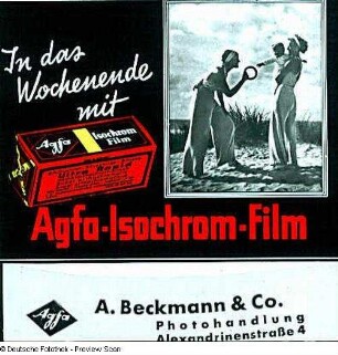 Werbung für Agfa-Isochrom-Film der Photohandlung A. Beckmann & Co : Kolorierte Werbung für Agfa-Isochrom-Film der Photohandlung A. Beckmann & Co., Alexandrinenstraße 4. Bad Doberan