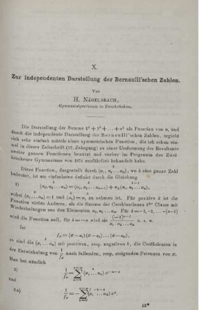 X. Zur indepersdenten Darstellung der Bernoulli'schen Zahlen.