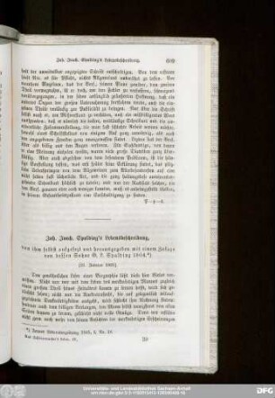 Joh. Joach. Spalding's Lebensbeschreibung, von ihm selbst aufgesezt und herausgegeben mit einem Zusaze von dessen Sohne G. L. Spalding. 1804. [21. Januar 1805].