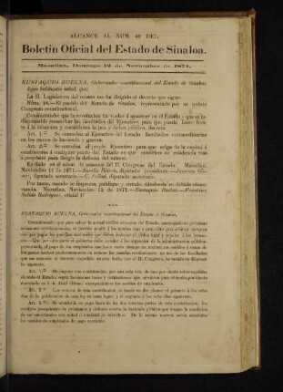 Alcance al Num. del 46 del Boletin Oficial del Estado de Sinaloa.
