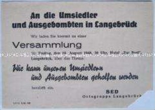 Einladung zu einer Versammlung für Umsiedler und Kriegsgeschädigte