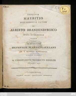 Proelivm Mavritio Dvci Saxoniae Victori Et Alberto Brandenbvrgico Ivxta Sivershvsam Fatale