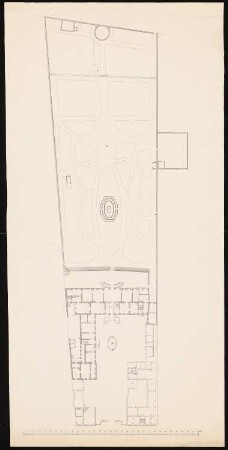Palais mit zwei Seitenflügeln: Grundriss Erdgeschoss mit Gartenplan