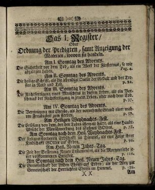 Das erste Register, Oder Ordnung der Predigten, samt Anzeigung der Materien, wovon sie handeln