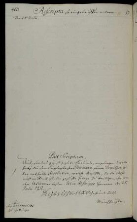 Übersendung eines Reskripts für den Kupferstecher Heumann anlässlich seiner Demission [Anlage fehlt].