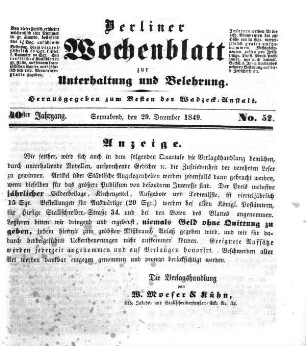 No. 52, Sonnabend, den 29. December 1849.