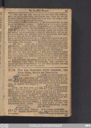 XVIII. Von dem dreyeinigen Gott insgemein, von seinem Wesen, Wercken und Eigenschaften.