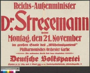 Plakat der DVP zu einer Wahlkundgebung am 21. November [1927] in Braunschweig