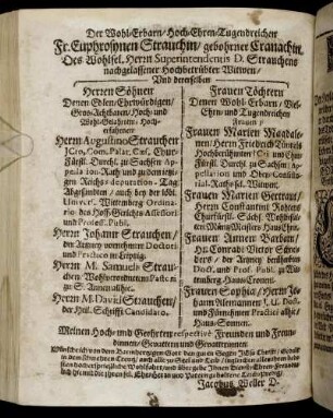 Der Wohl-Erbarn [...] Fr. Euphrosynen Strauchin/ gebohrner Cranachin [...] Herrn Superintendentis D. Strauchens [...] Witwen [...]