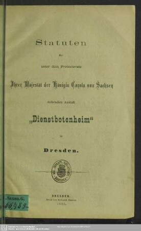 Statuten der Anstalt Dienstbotenheim in Dresden