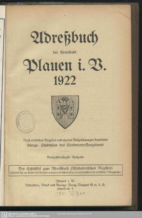 33.1922: Adreßbuch der Kreisstadt Plauen i. V. : nach amtlichen Angaben und eigenen Aufzeichnungen bearbeitet