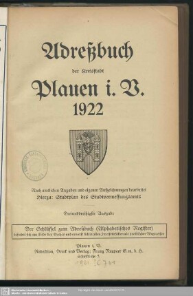 33.1922: Adreßbuch der Kreisstadt Plauen i. V. : nach amtlichen Angaben und eigenen Aufzeichnungen bearbeitet