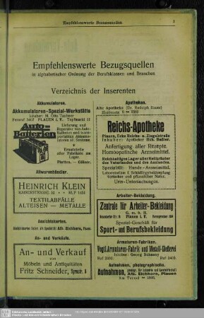 Anzeigen : Empfehlenswerte Bezugsquellen in alphabetischer Ordnung der Berufsklassen und Branchen