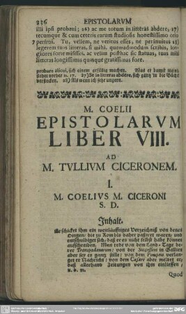 M. Coelii Epistolarum Liber VIII. Ad M. Tullium Ciceronem