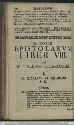 M. Coelii Epistolarum Liber VIII. Ad M. Tullium Ciceronem