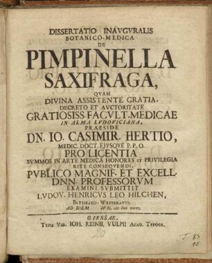 Dissertatio Inavgvralis Botanico-Medica De Pimpinella Saxifraga